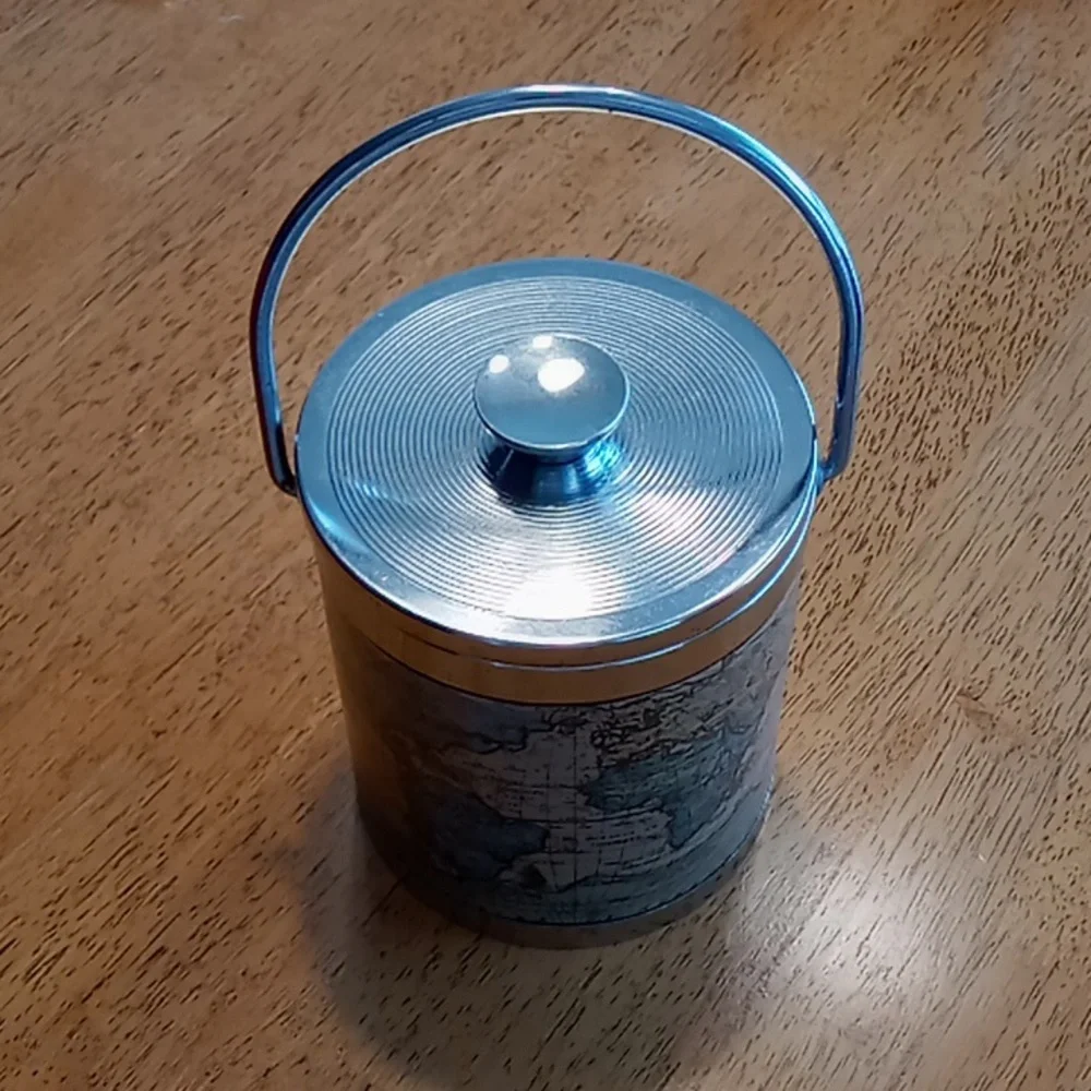 Vintage Old World Map Ice Bucket Mid Century Barware